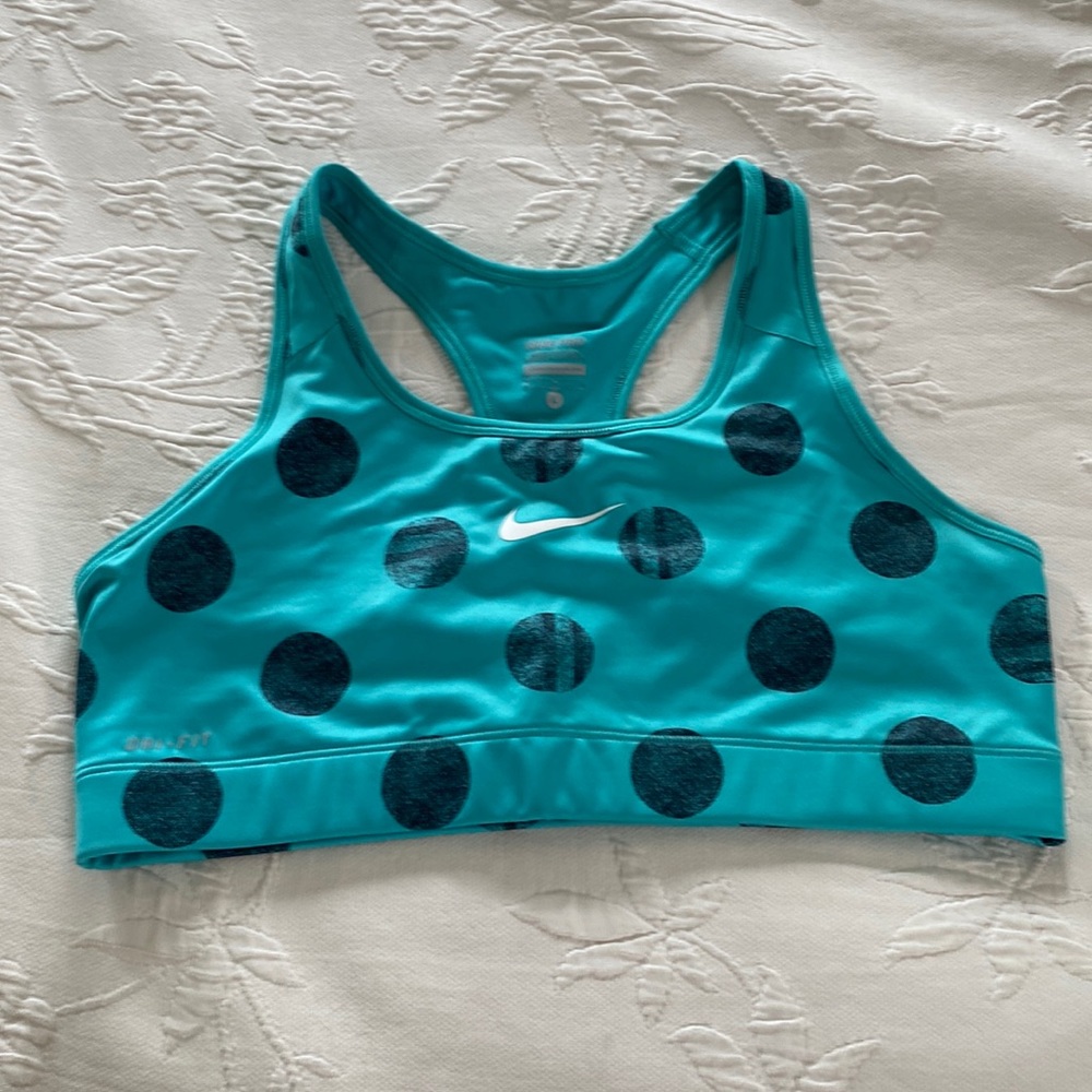 Teal with black polka dot sports bra.